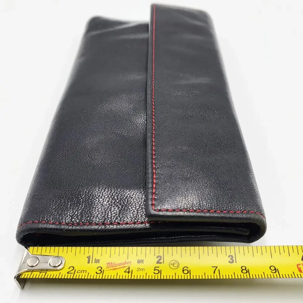 Vintage Tusk Black Red Genuine Leather Slim Trifold Snap Button Wallet Classic